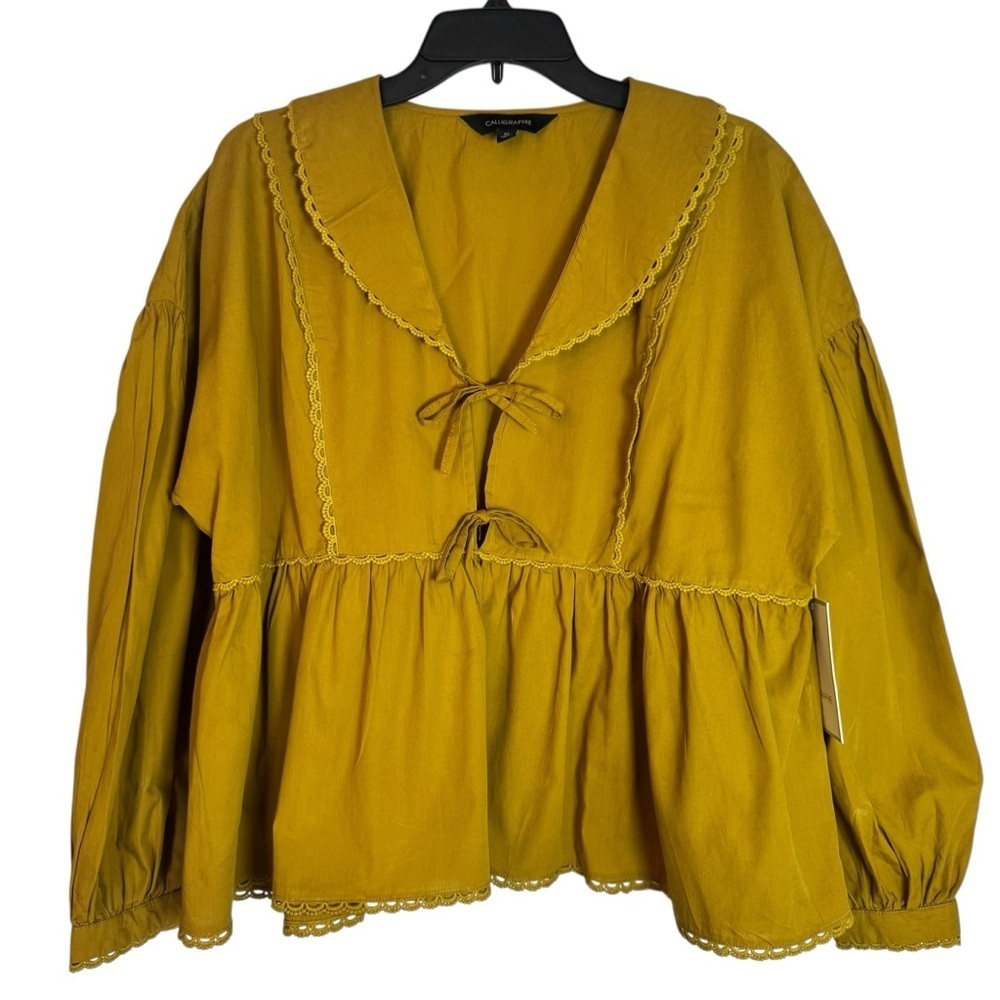 NWT Calligraphie Mustard Yellow Tie Front Peplum Blouse with Lace Trim Size XL